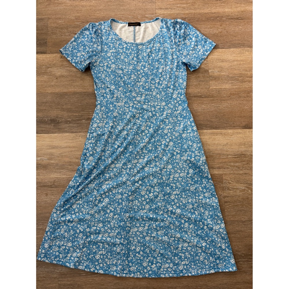 Fantaslook Womens Blue Floral Ditsy Print Short Sleeve Midi A-Line Dress Size S
